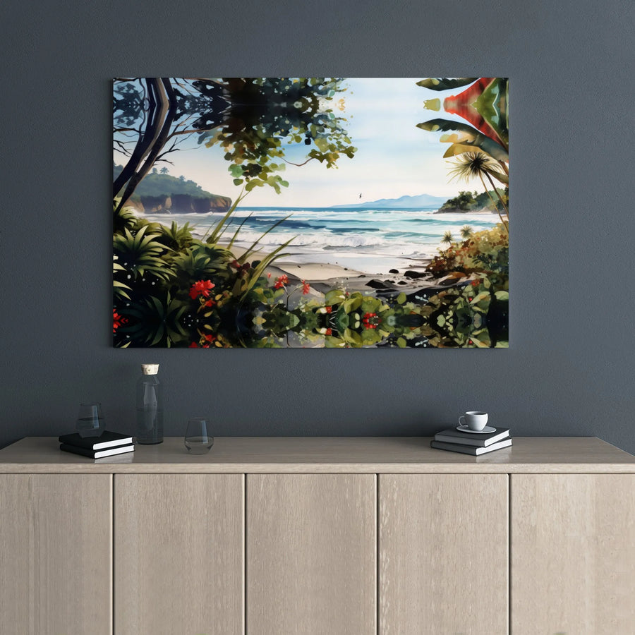 Tropical Beach Canvas Wall Art | Lush Coastal Landscape Painting | Premium Gallery Wrap Print | Serene Seascape Decor for Living Room