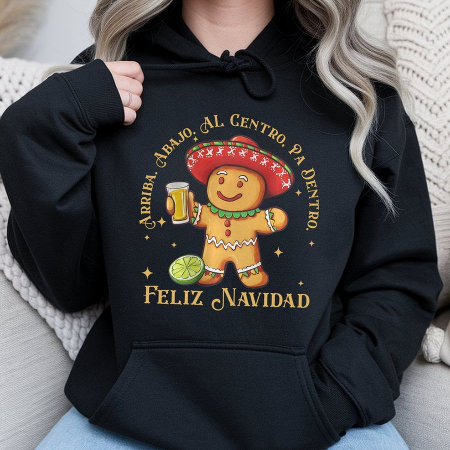 Feliz Navidad Gingerbread Hoodie | Funny Mexican Christmas Tequila Drinking Design | Cotton Blend Sweatshirt | Festive Latino Holiday Gift
