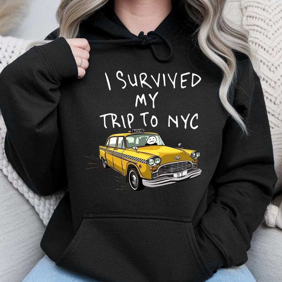 I Survived My Trip To NYC Hoodie | Funny New York Yellow Taxi Graphic | Cotton-Blend Premium Pullover | Souvenir Gift for Travelers