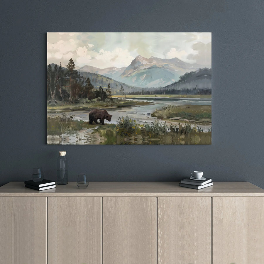Brown Bear Landscape Canvas Print | Mountain River Forest Art | 1.25 Inch Gallery Wrap | Wildlife Wall Decor for Home Office