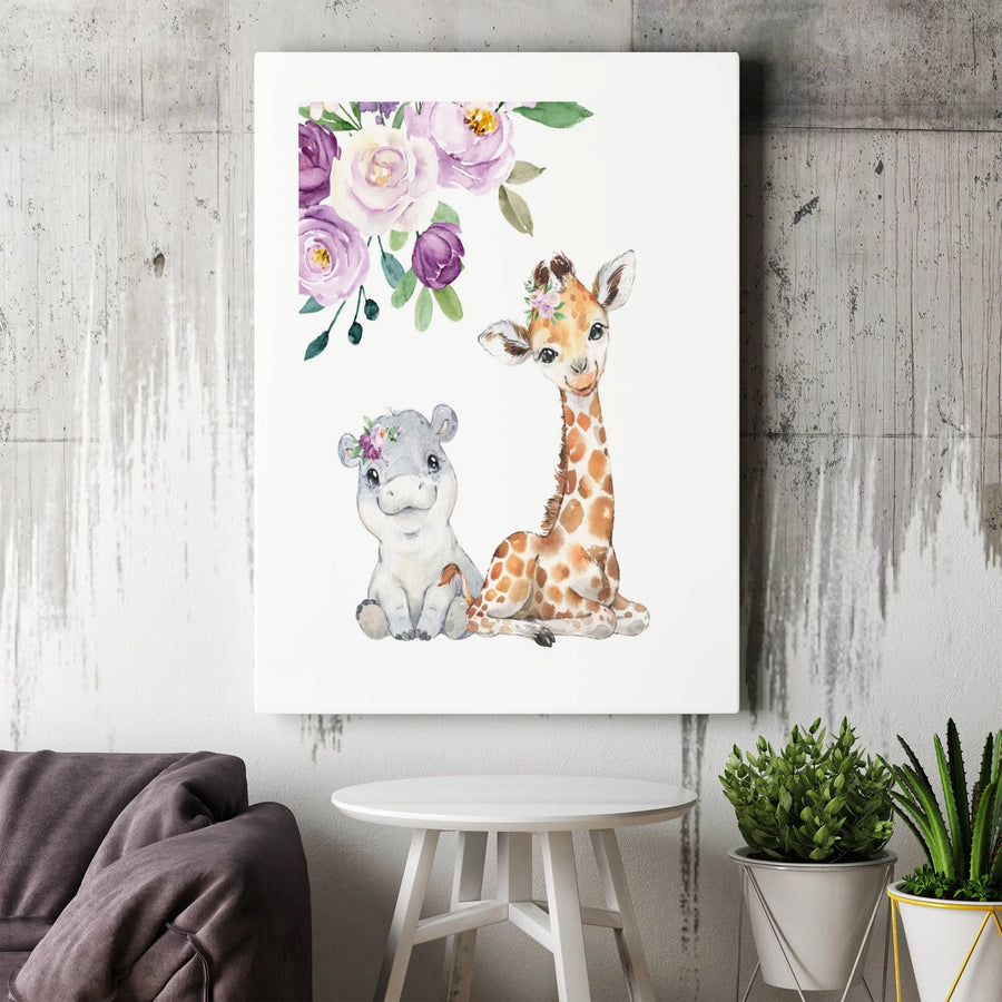 Baby Hippo and Giraffe Canvas Wall Art | Watercolor Safari Nursery Decor | Gallery Wrapped Premium Print | Sweet Animal Gift for Baby Shower