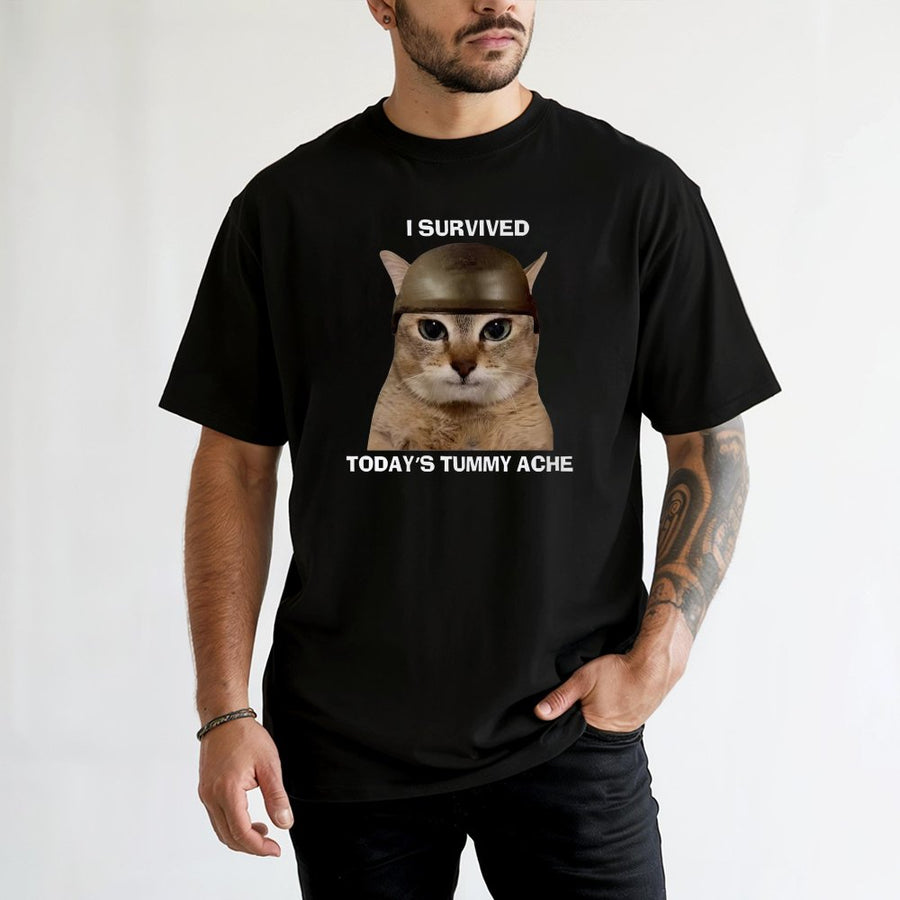 I Survived Today's Tummy Ache T-Shirt | Funny Soldier Cat Meme Graphic | Soft 100% Cotton Premium Tee | Retro Y2K Humor Gift for Cat Lovers