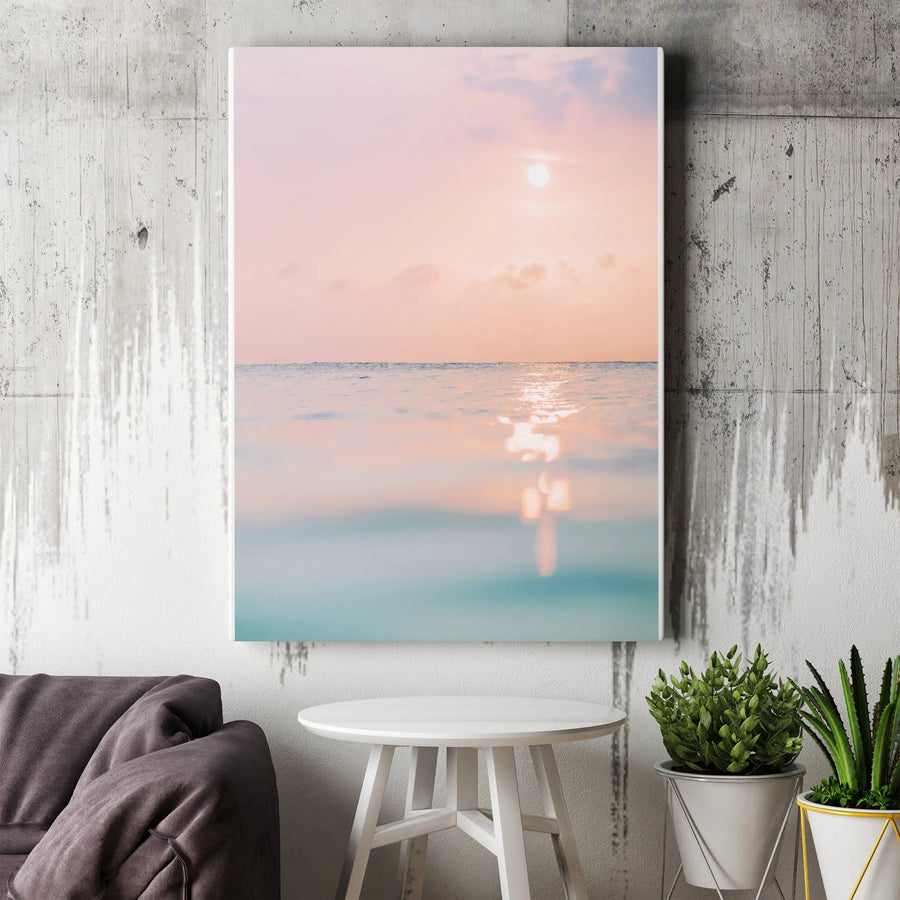 Calm Ocean Sunset Vertical Canvas | Minimalist Coastal Seascape Print | Premium Thick Gallery Wrap | Modern Wall Art for Bedroom Decor Gift