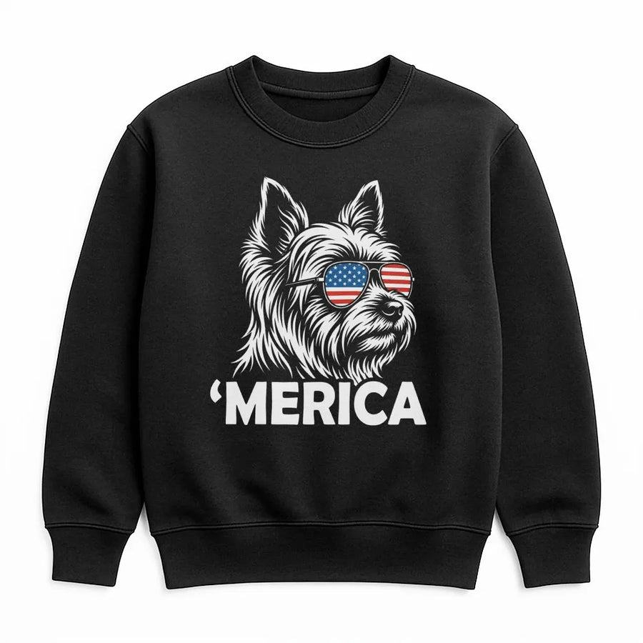 'Merica Dog Sweatshirt | Yorkie with American Flag Sunglasses | Soft Fleece Pullover | Gift for Patriotic Dog Lovers