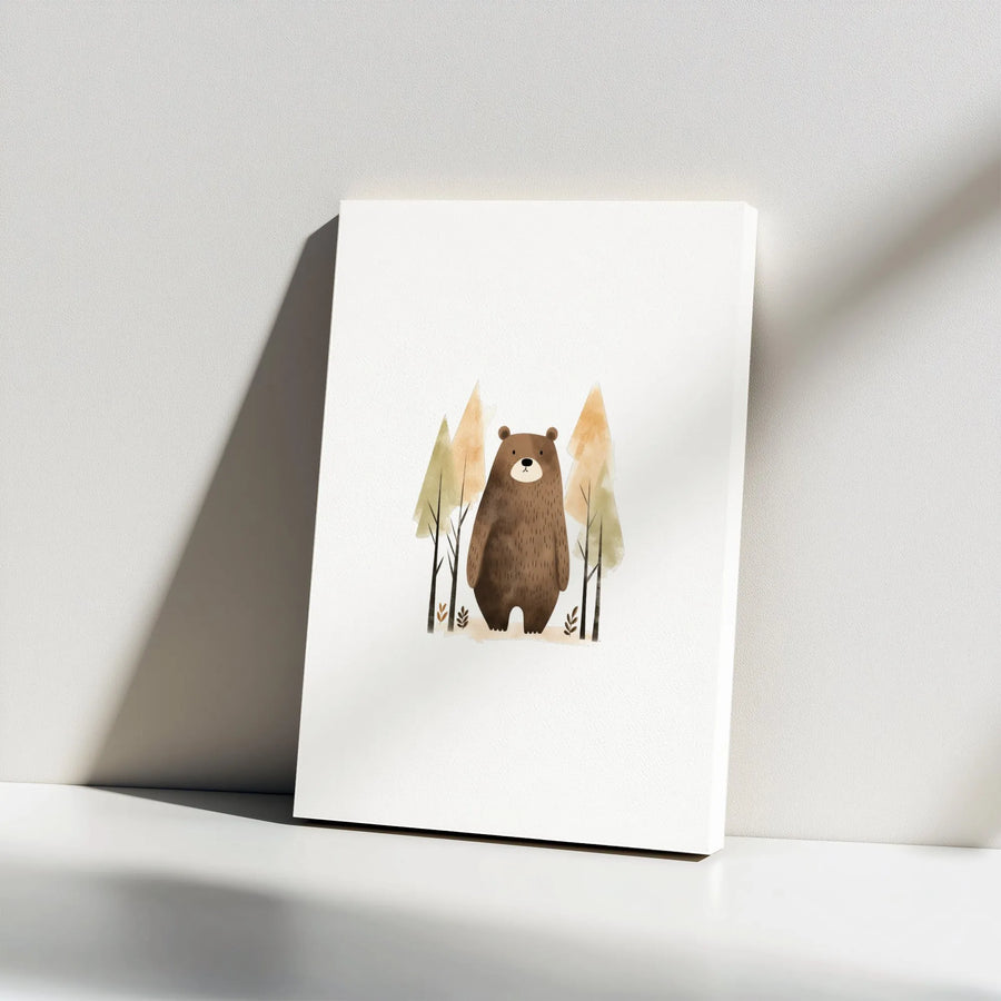 Cute Brown Bear Canvas Wall Art | Watercolor Woodland Forest Animal Print | Premium 1.25-inch Gallery Wrap | Nursery Decor & Wildlife Lover Gift