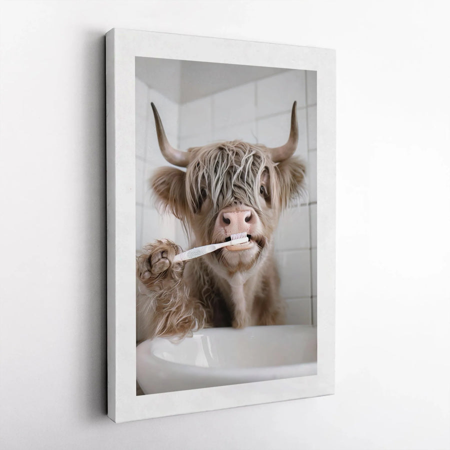 Highland Cow Wall Art | Funny Bathroom Decor Brushing Teeth | Premium Gallery Wrap Canvas | Unique Farmhouse Home Gift