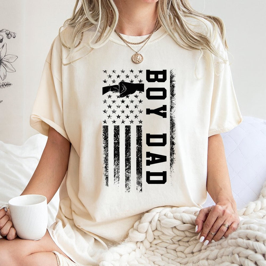 Boy Dad T-Shirt | Distressed American Flag Fist Bump Graphic | Premium 100% Cotton | Perfect Father's Day 2026 Gift for Dads