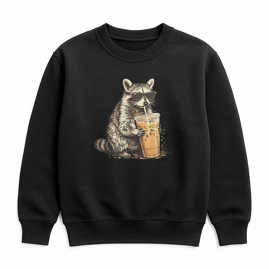 Raccoon Iced Coffee Sweatshirt | Cool Raccoon with Sunglasses | Premium Soft Cotton Blend | Funny Animal Graphic Gift for Coffee Lover