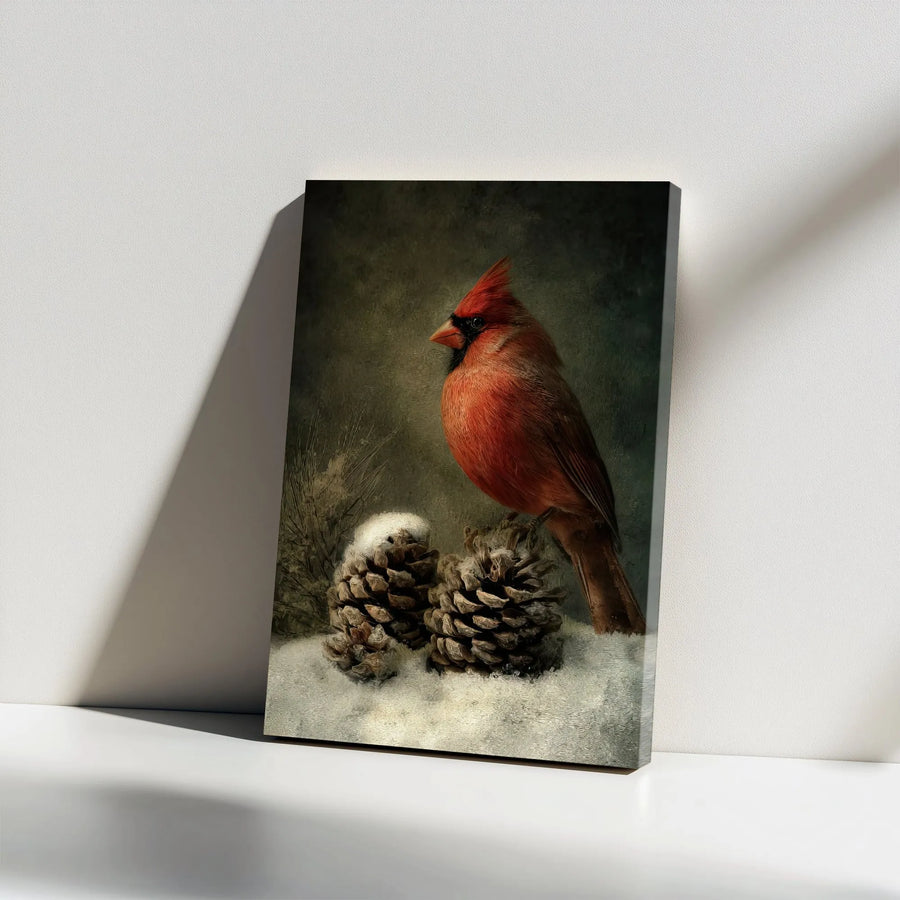 Red Cardinal Wall Art | Snowy Pinecone Winter Nature Scene | Premium Gallery Wrap Canvas | Rustic Christmas Home Decor Gift