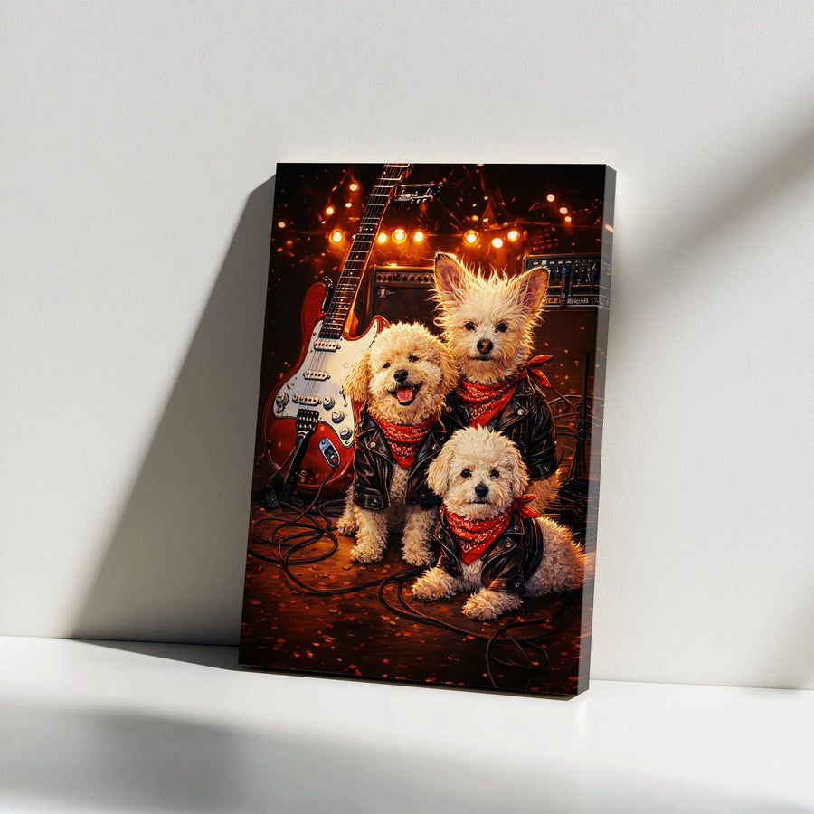 Rockstar Dog Band Canvas Wall Art | Funny Poodle Pups in Leather Jackets | Premium Gallery Wrap Canvas | Unique Gift for Musician & Dog Lover