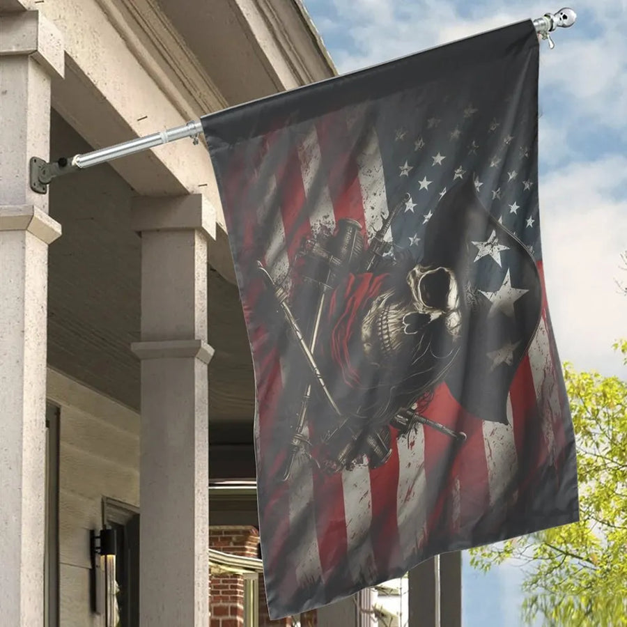 American Flag Skull House Flag | Vintage Pirate Graphic with Crossed Swords | Double Sided Weather-Resistant Polyester | Patriotic Outdoor Decor Gift