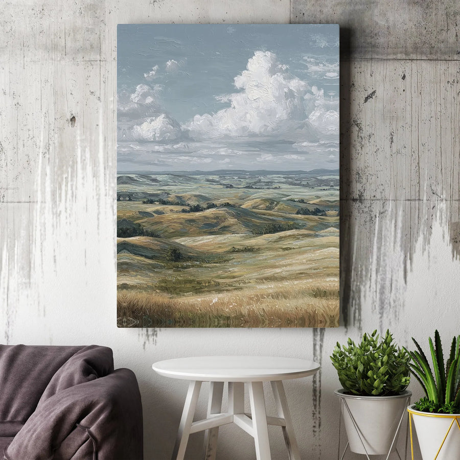 Landscape Painting Canvas Print | Vintage Countryside Scene with Textured Clouds | Premium Gallery Wrapped Art | Farmhouse Living Room Decor Gift