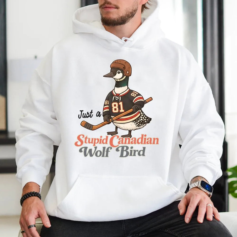 Canadian Loon Hockey Hoodie | Funny Wildlife Sports Graphic | Premium Cotton Blend Pullover | Gift for Hockey Fans and Bird Lovers
