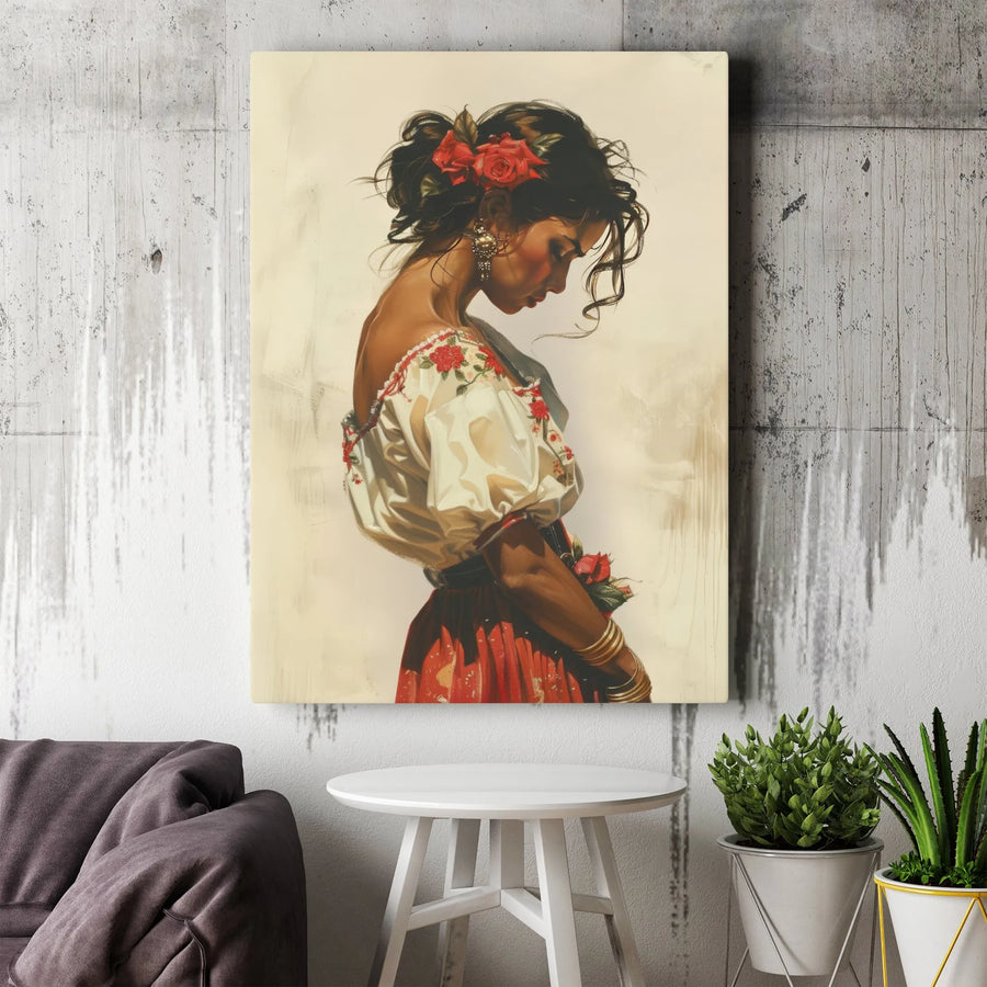 Bohemian Woman Portrait Canvas Art | Romantic Floral Red Rose Design | Premium Fade-Resistant Print | Elegant Home Decor Wall Hanging