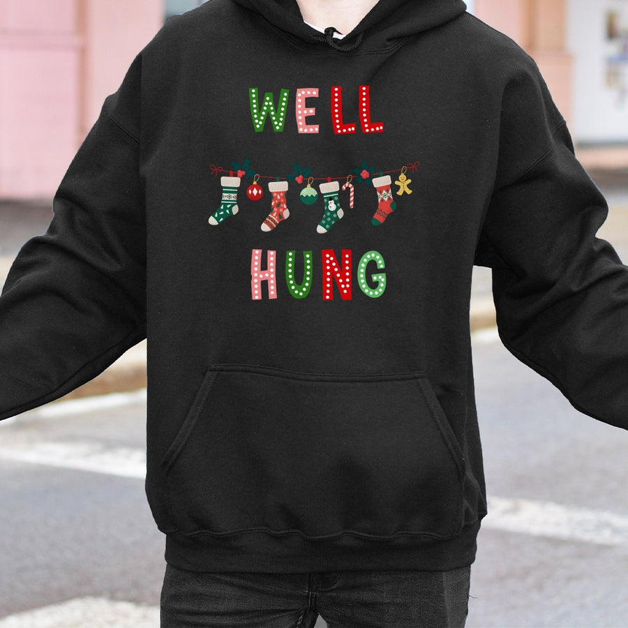 Well Hung Christmas Hoodie | Funny Innuendo Holiday Sweatshirt | Premium Cotton-Blend | Naughty Humorous Gift for Adults