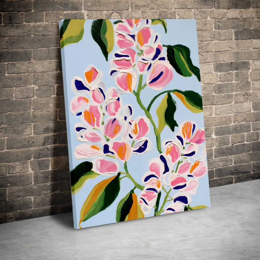 Abstract Floral Canvas Wall Art | Pink and Blue Botanical Oil Painting Print | Premium Gallery Wrapped Decor | Modern Home Office Gift