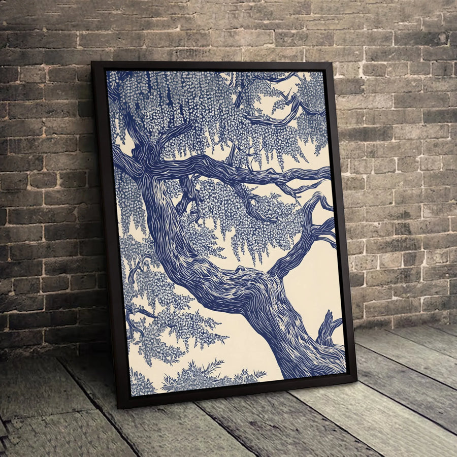 Blue Wisteria Tree Canvas Print | Botanical Linocut Illustration | Gallery Wrapped 1.25 Inch Profile | Elegant Home Office Decor Gift