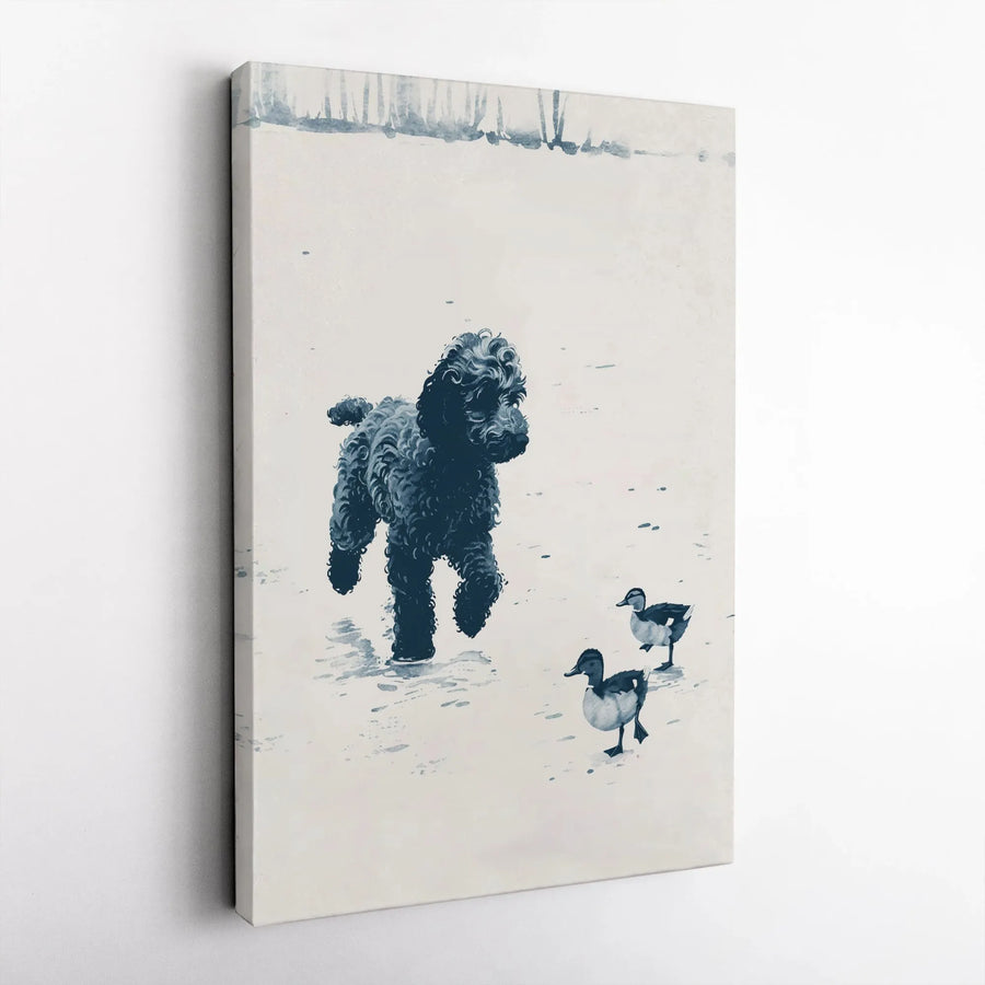Black Poodle Canvas Wall Art | Watercolor Winter Snow Scene with Ducks | Premium Gallery Wrapped Print | Nature Animal Decor Gift for Dog Lovers