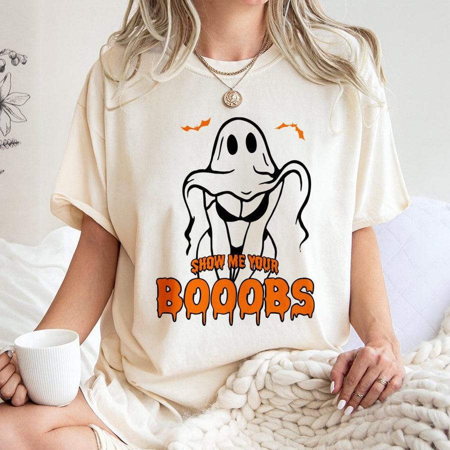 Show Me Your Booobs Ghost T-Shirt | Funny Halloween Pun Graphic | Premium Cotton Unisex Tee | Naughty Halloween Party Gift