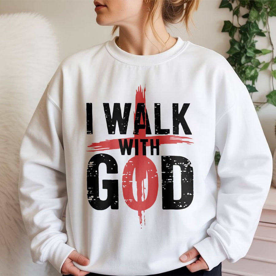 I Walk With God Sweatshirt | Christian Cross Faith Graphic | Premium Cotton Blend Fleece | Religious Gift for Men and Women