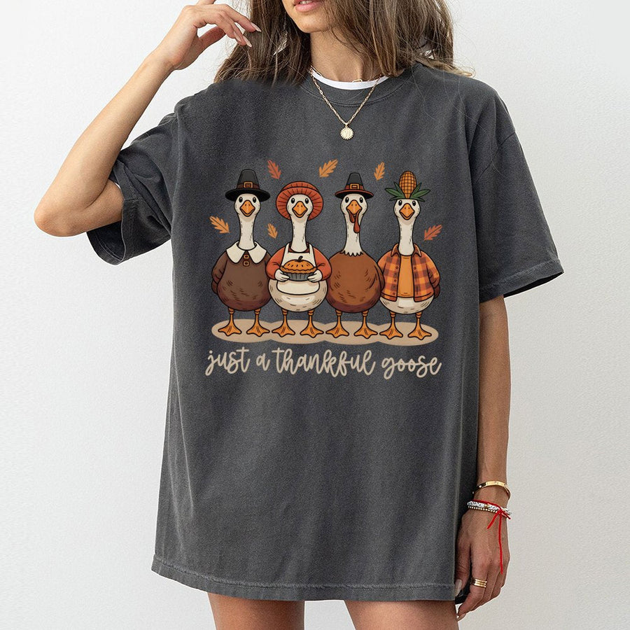 Just A Thankful Goose T-Shirt | Cute Fall Thanksgiving Graphic Tee | Premium 100% Cotton Apparel | Funny Autumn Gift For Family