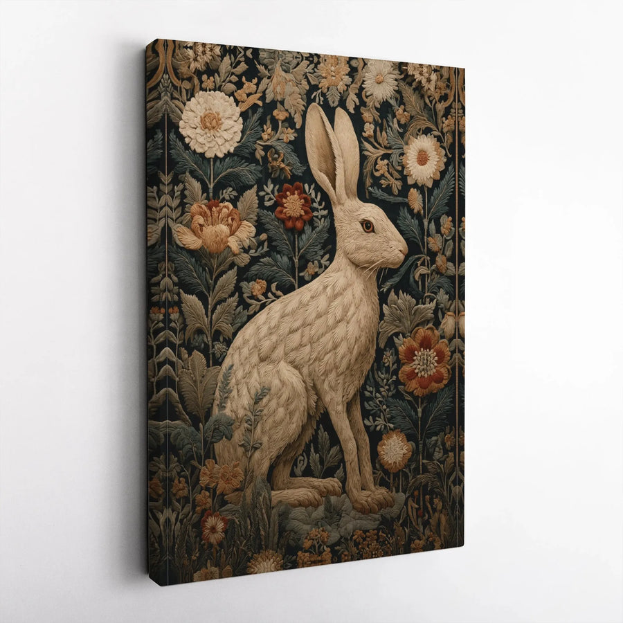 Rabbit Canvas Wall Art | Dark Botanical Floral Garden Design | Premium 1.25" Gallery Wrap | Nature-Inspired Home Decor Gift