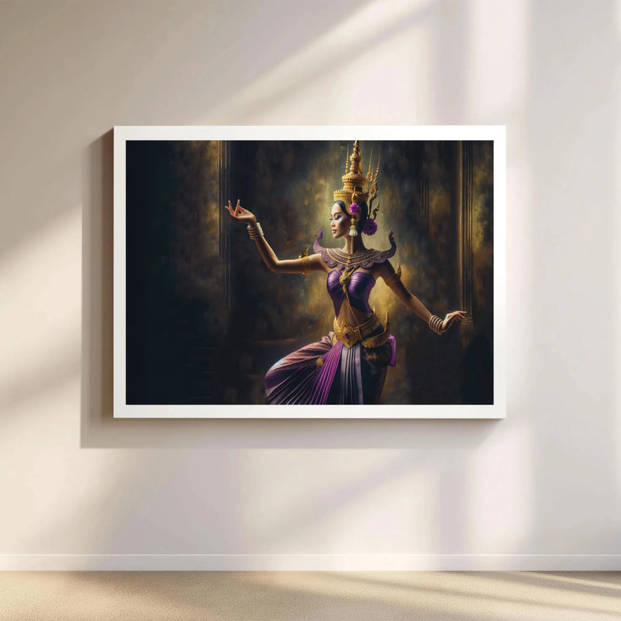 Cambodian Apsara Dancer Wall Art | Elegant Gold And Purple Traditional Portrait | Gallery Quality 1.25 Inch Thick Canvas | Cultural Home Decor Gift