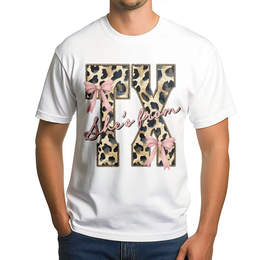 Texas T-Shirt for Women | Coquette Leopard Print with Pink Bow | Premium Soft Cotton Blend | She's From Texas Southern Girl Gift