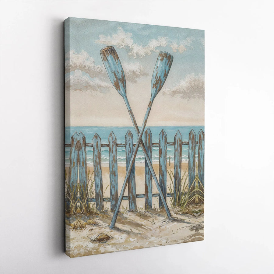 Coastal Oars Wall Art | Rustic Beach Decor With Picket Fence | Gallery Wrap Premium Canvas | Nautical Home Decor For Lake House Or Beach Cottage