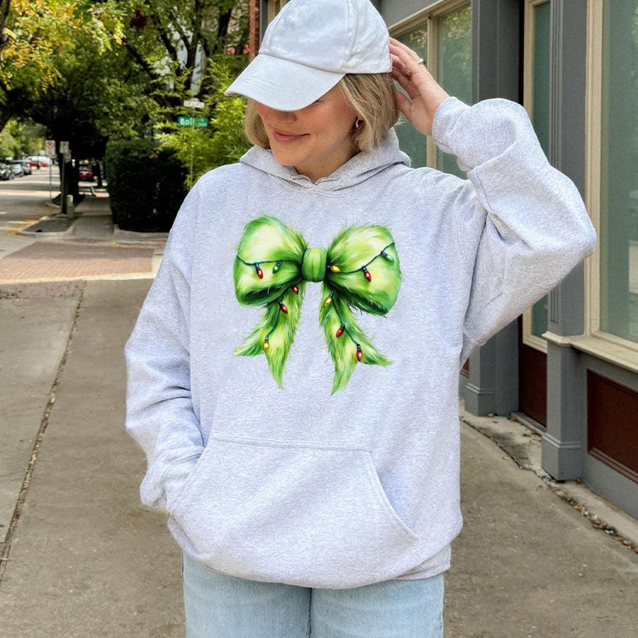 Christmas Bow Hoodie | Fuzzy Green Coquette Bow With Lights | Premium Cotton Blend Unisex Sweatshirt | Festive Holiday Gift For Her