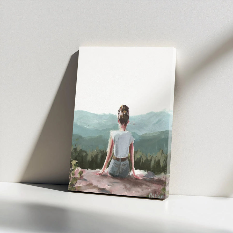 Woman Overlooking Mountains Vertical Canvas | Impressionist Landscape Painting | Premium Thick Gallery Wrap Wall Art | Inspirational Decor Gift for Hiker