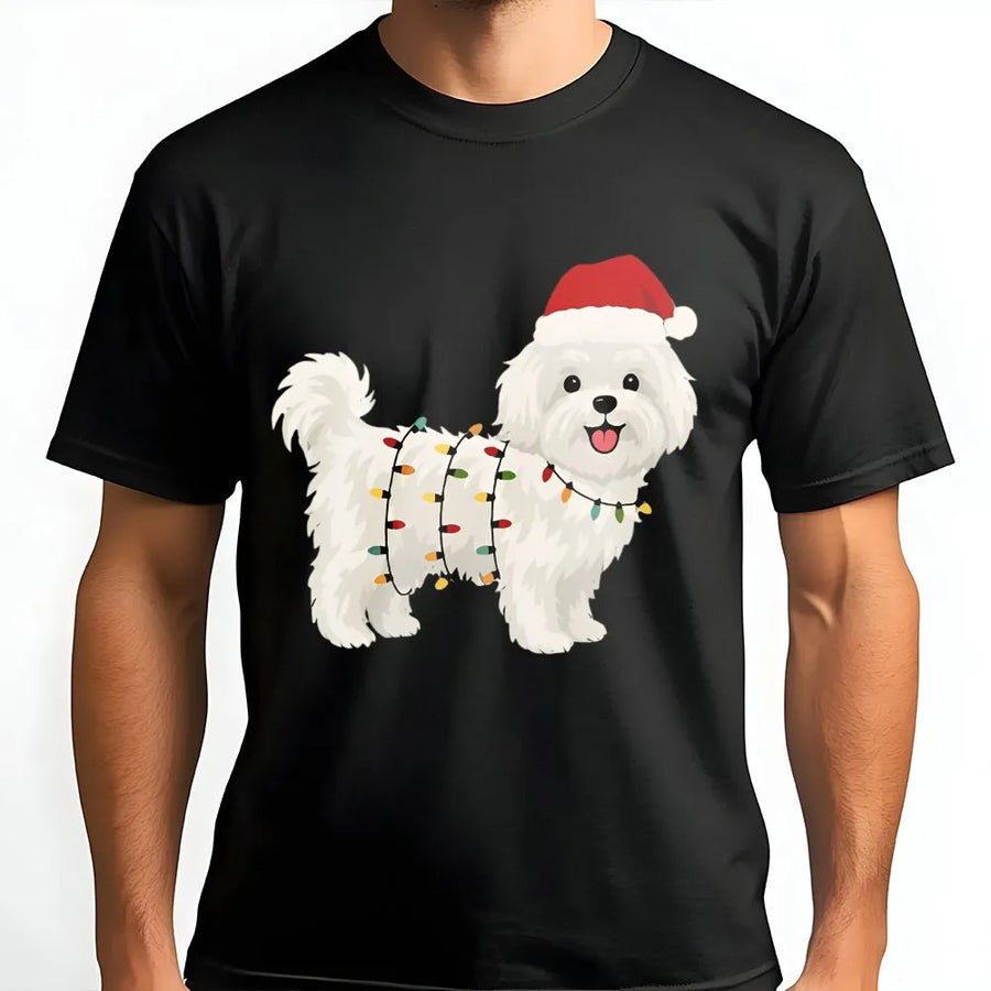 Maltese Dog Christmas T-Shirt | Festive Santa Hat and Lights Graphic | Premium Soft Cotton | Cute Holiday Gift for Dog Lovers