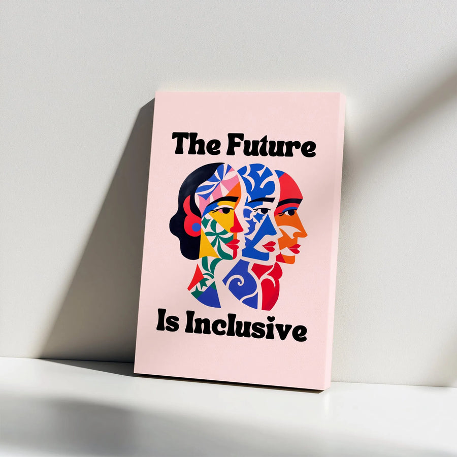 The Future Is Inclusive Vertical Canvas | Modern Abstract Faces Art Print | Premium 1.25" Thick Gallery Wrap | Feminist Social Justice Office Decor Gift