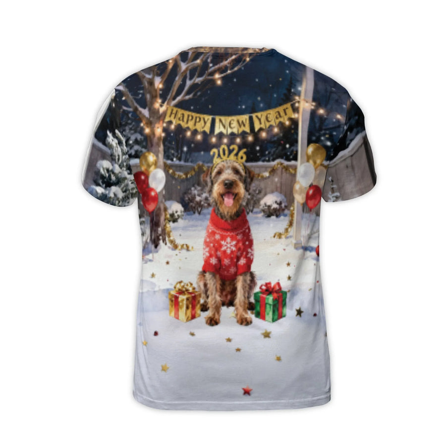 Happy New Year 2026 Dog T-Shirt | Festive Red Snowflake Sweater Graphic | Premium Stretch Poly-Jersey | Holiday Gift for Dog Lovers & Pet Owners