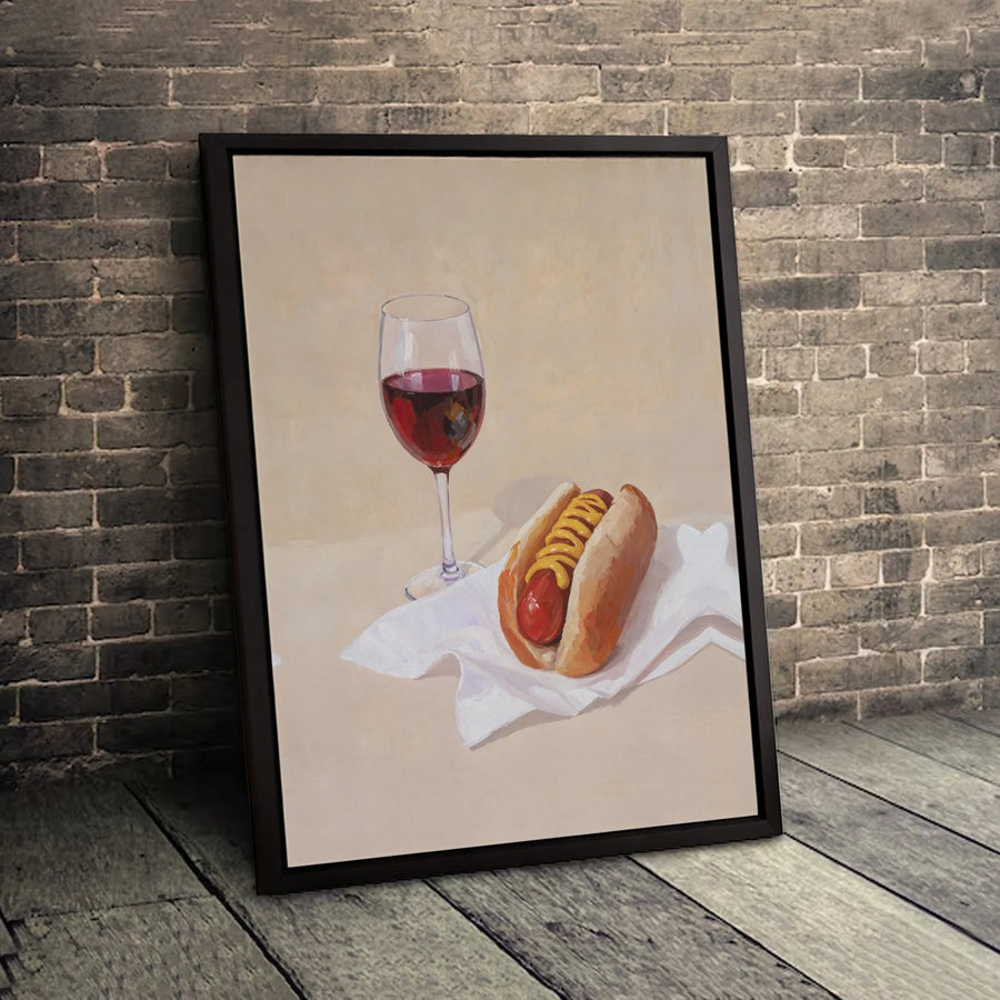 Hot Dog and Red Wine Still Life Art | Quirky Foodie Kitchen Canvas | Gallery Quality Fade-Resistant Print | Unique Modern Home Decor Gift