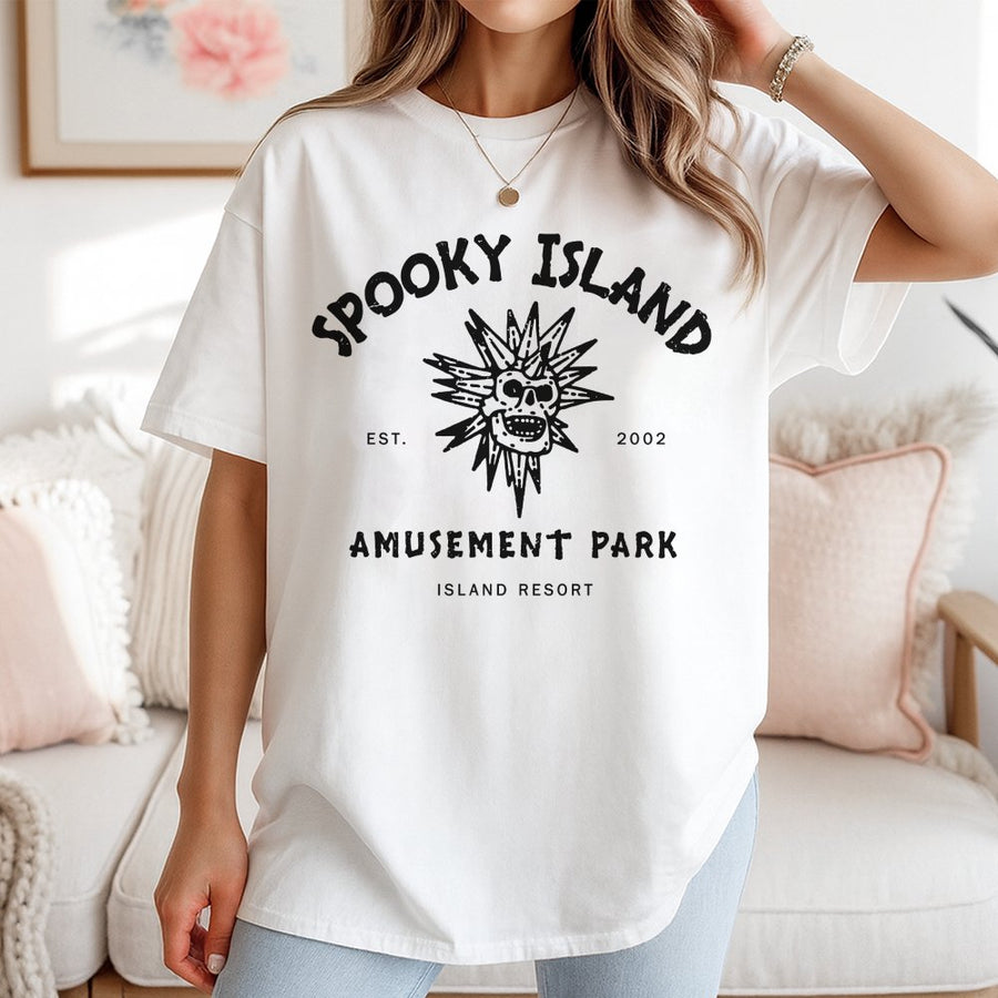 Spooky Island Amusement Park T-Shirt | Retro Horror Skull Graphic Design | 100% Cotton Premium Tee | Unique Halloween Gift for Movie Fans
