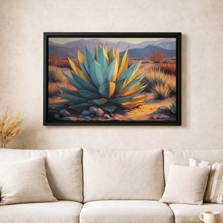 Blue Agave Desert Landscape Wall Art | Southwestern Mountain Botanical Print | Premium Gallery Wrapped Canvas | Modern Home Decor Gift