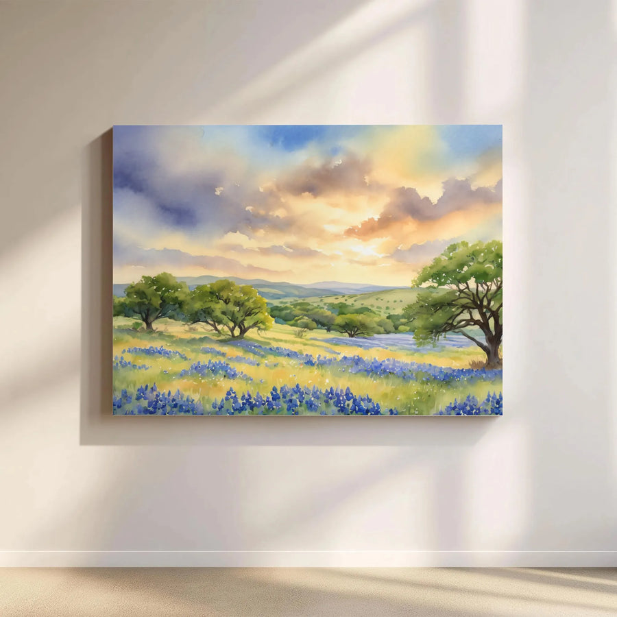 Texas Hill Country Landscape Canvas | Watercolor Bluebonnet Field Art | Premium Gallery Wrapped Decor | Nature Lover Living Room Gift