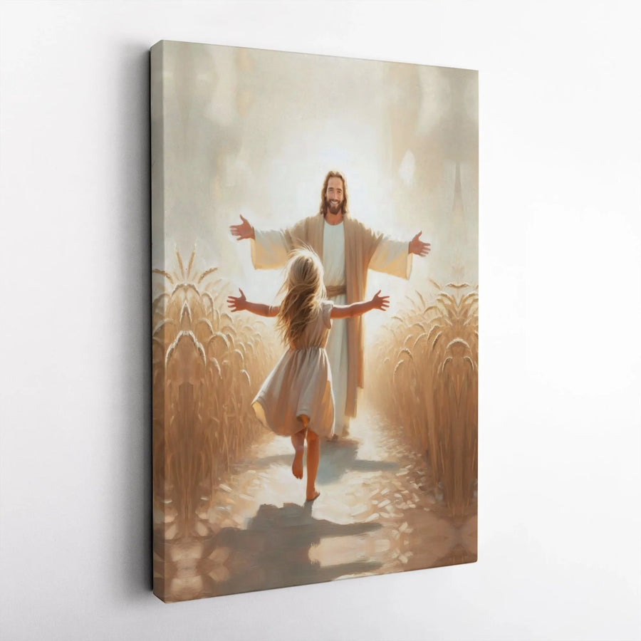 Jesus With Child Wall Art | Girl Running to Open Arms in Wheat Field | Premium Gallery Canvas | Christian Home Decor Gift