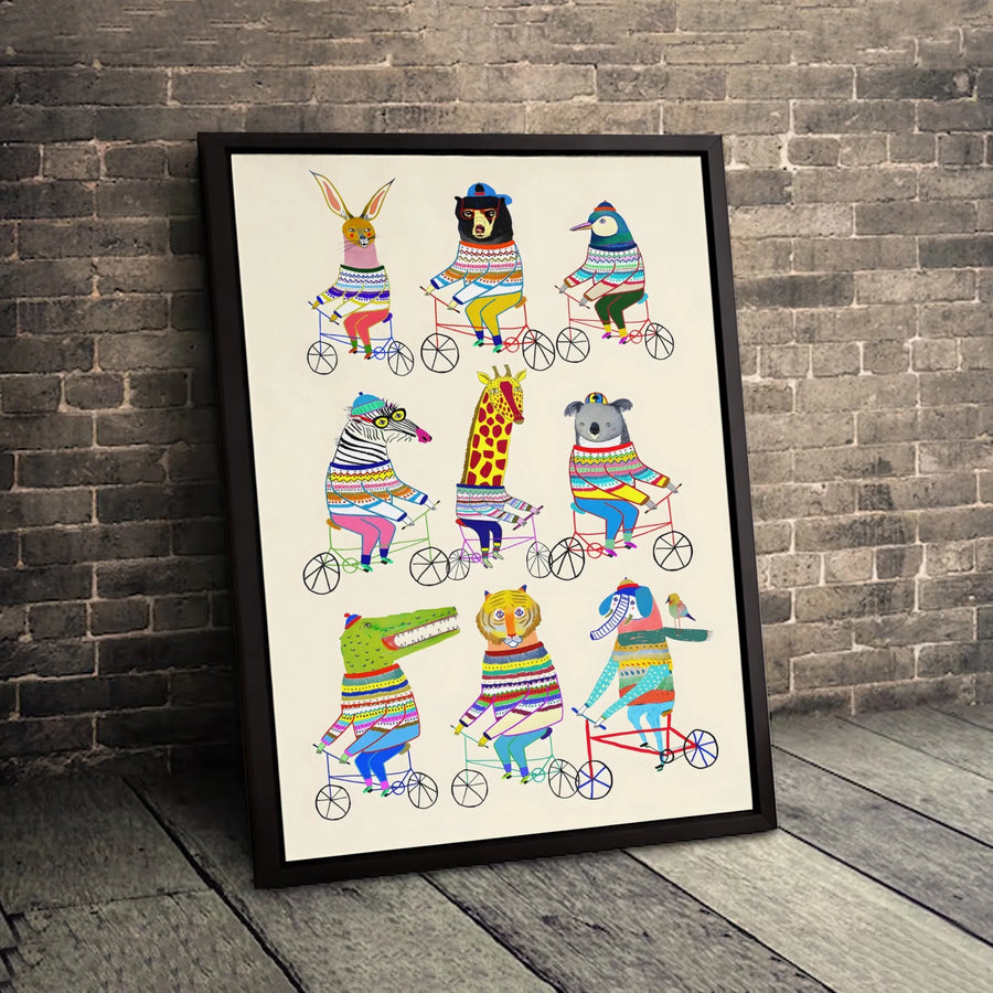 Whimsical Animal Wall Art | Colorful Safari Creatures Riding Bicycles | Premium Gallery Canvas | Nursery Decor & Kids Room Gift