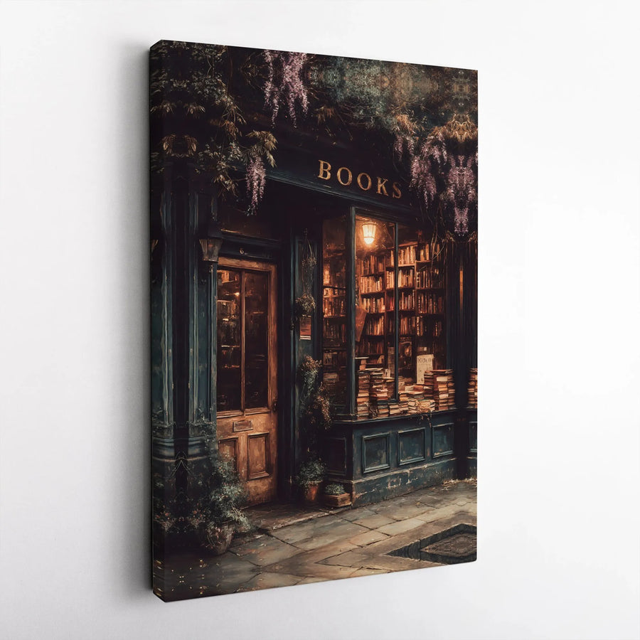 Cozy Bookshop Canvas Wall Art | Whimsical Wisteria Library Decor | Premium Gallery Wrap Print | Bookstore Aesthetic Gift for Book Lovers