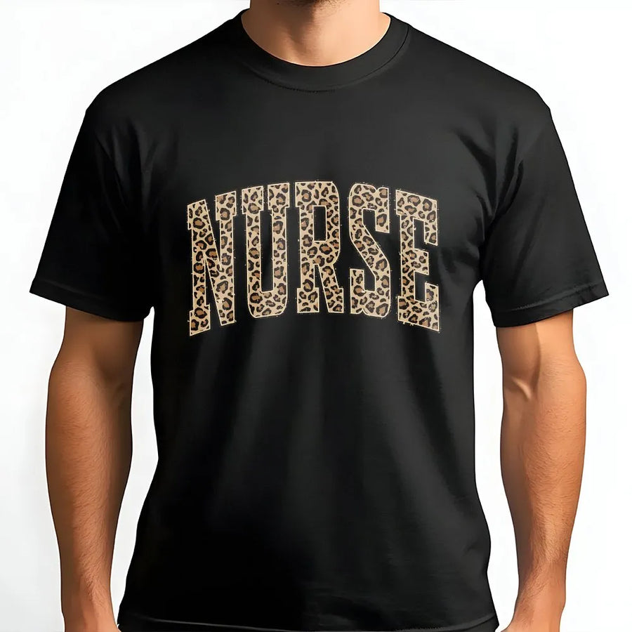Leopard Print Nurse T-Shirt | Collegiate Varsity Lettering | Premium Crewneck | Gift for RN, Registered Nurse, or Nursing School Student