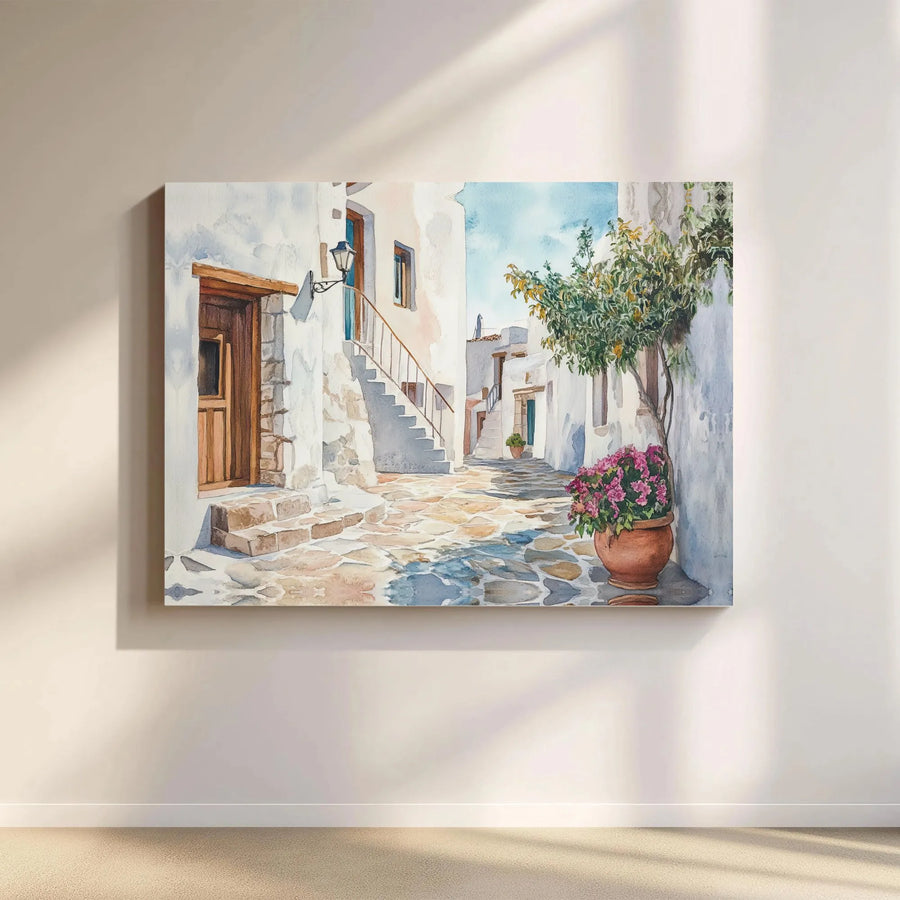 Mediterranean Alley Watercolor Horizontal Canvas | Greek Village Street Painting | Premium 1.25" Gallery Wrap Wall Art | Charming Housewarming Gift