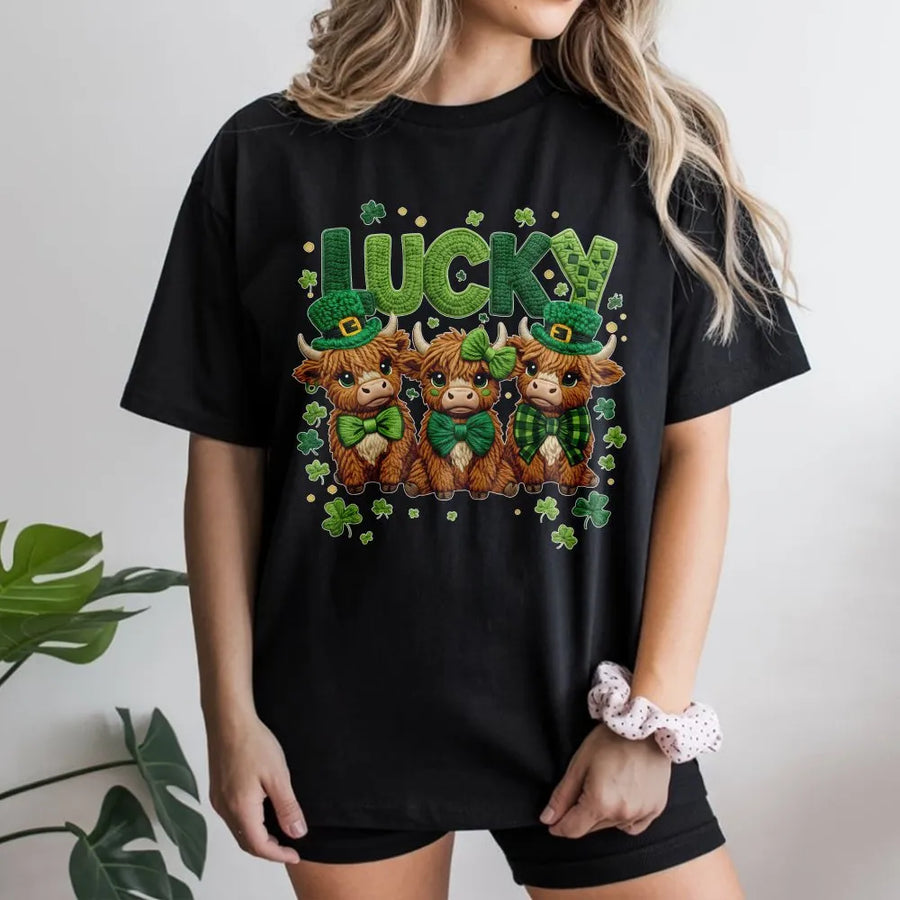 Lucky Highland Cow T-Shirt | St. Patrick's Day Cute Irish Farm Animal Graphic | Premium Soft Cotton | Gift For Women Men Kids