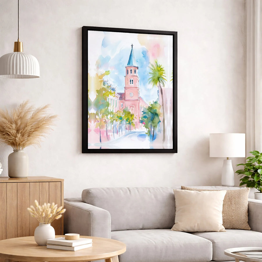 Watercolor Church Canvas Art | Coastal Palm Tree Cathedral Print | Premium Gallery-Wrapped Decor | Elegant Home & Office Wall Gift