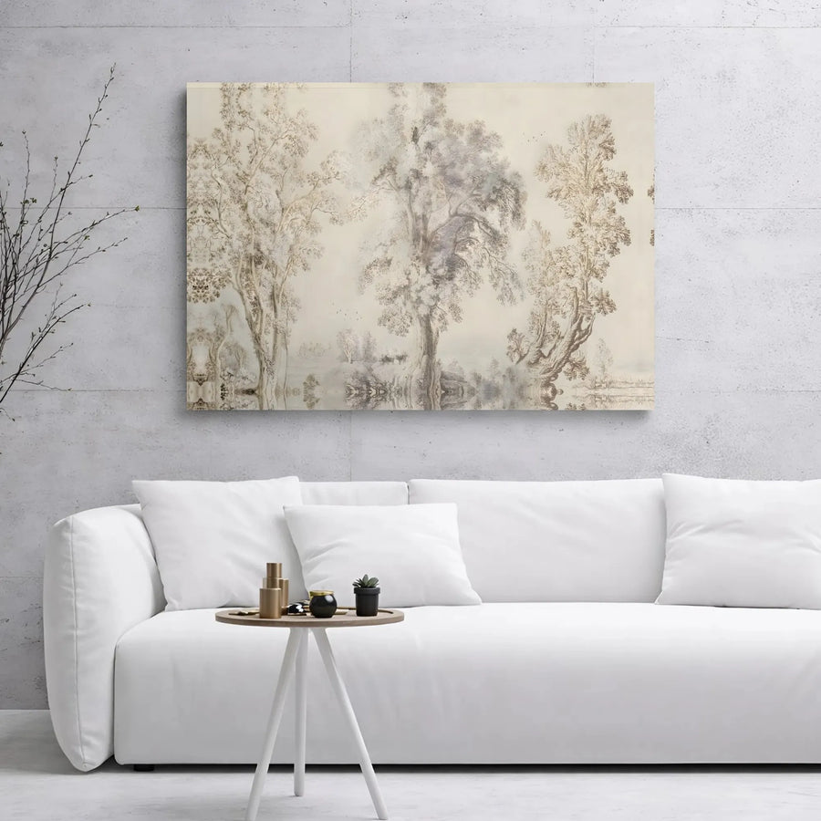 Vintage Tree Landscape Canvas Wall Art | Etched Forest Reflection Sketch | Premium Gallery Wrap Print | Neutral Home Decor for Living Room
