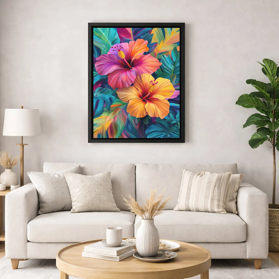 Tropical Hibiscus Flower Canvas Wall Art | Colorful Botanical Floral Print | 1.25-Inch Premium Gallery Wrap | Modern Home Decor Gift