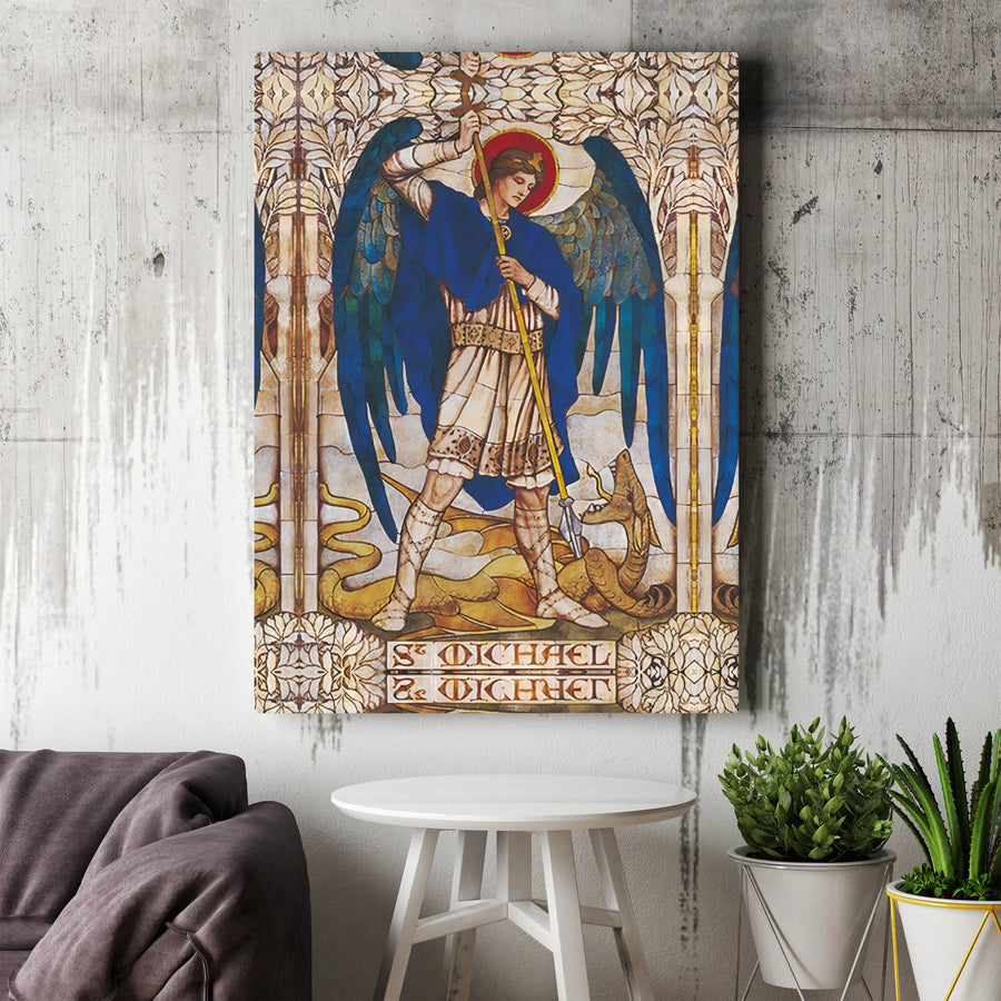 Saint Michael the Archangel Canvas Wall Art | Vintage Stained Glass Style | Premium Gallery Wrap Canvas | Catholic Home Decor Gift