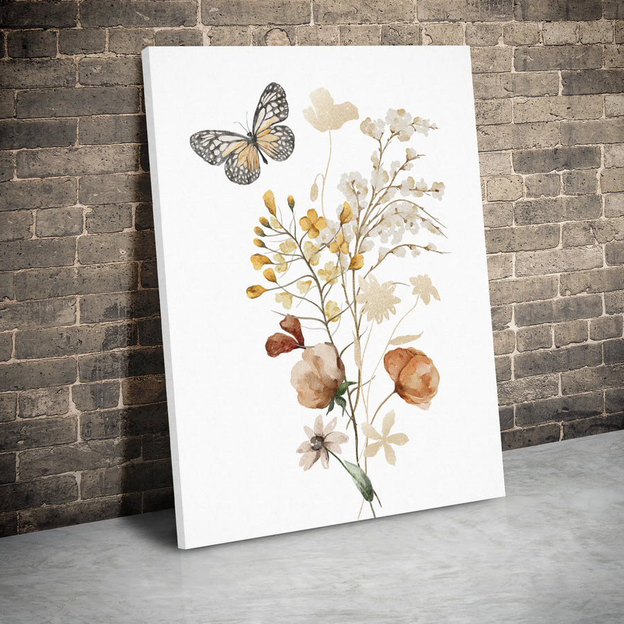 Watercolor Butterfly Wall Art | Bohemian Wildflower Floral Bouquet | Premium Gallery Wrapped Canvas | Minimalist Nature Home Decor Gift