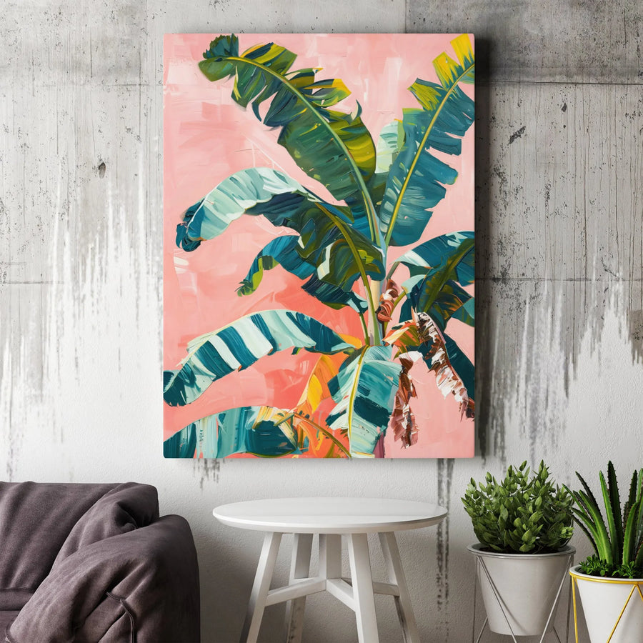Tropical Banana Leaf Canvas Wall Art | Pink Abstract Botanical Print | Gallery Wrapped Premium Decor | Modern Living Room Home Office Gift